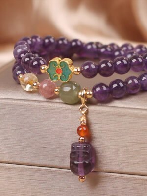 Natural Amethyst Layered Bracelet · Mystical Guardian Wealth Charm - Chinese Boho Spiritual Jewelry