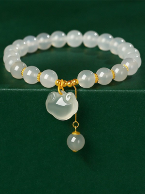 Chalcedony Peace Lock Bracelet with Ruyi Lucky Pearl - Traditional Chinese Symbol of Protection and Good Fortune